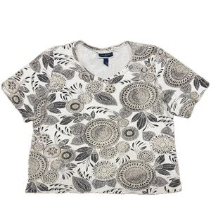 Karen Scott, Floral, Grey, White And Black, Cotton, T-Shirt, Women's Size 1X